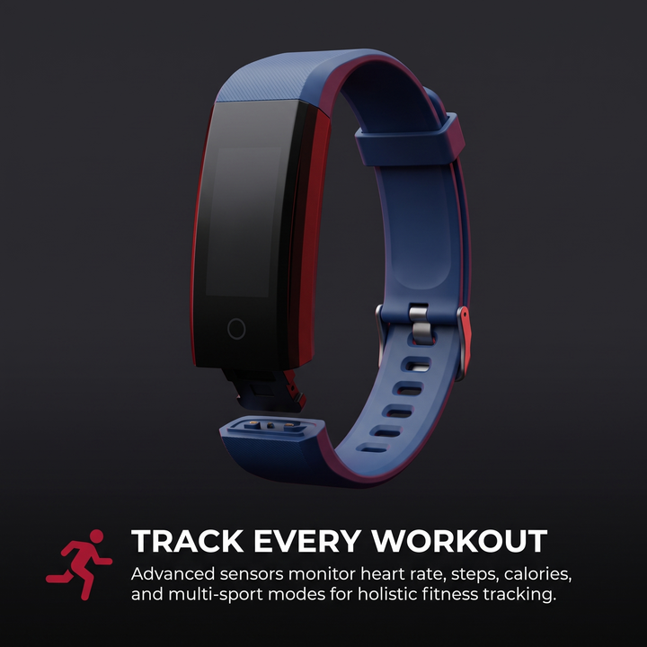 PHYSIOATHLETX fitness band feature callout: track every workout with activity tracking