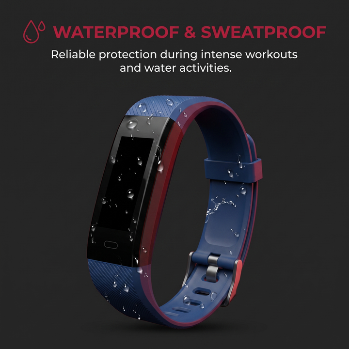PHYSIOATHLETX fitness band feature callout: waterproof and sweatproof design for training