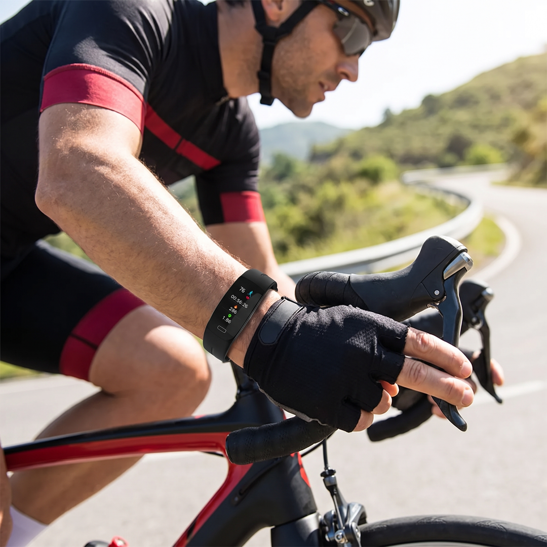 Cyclist wearing a smart fitness activity tracker band outdoors