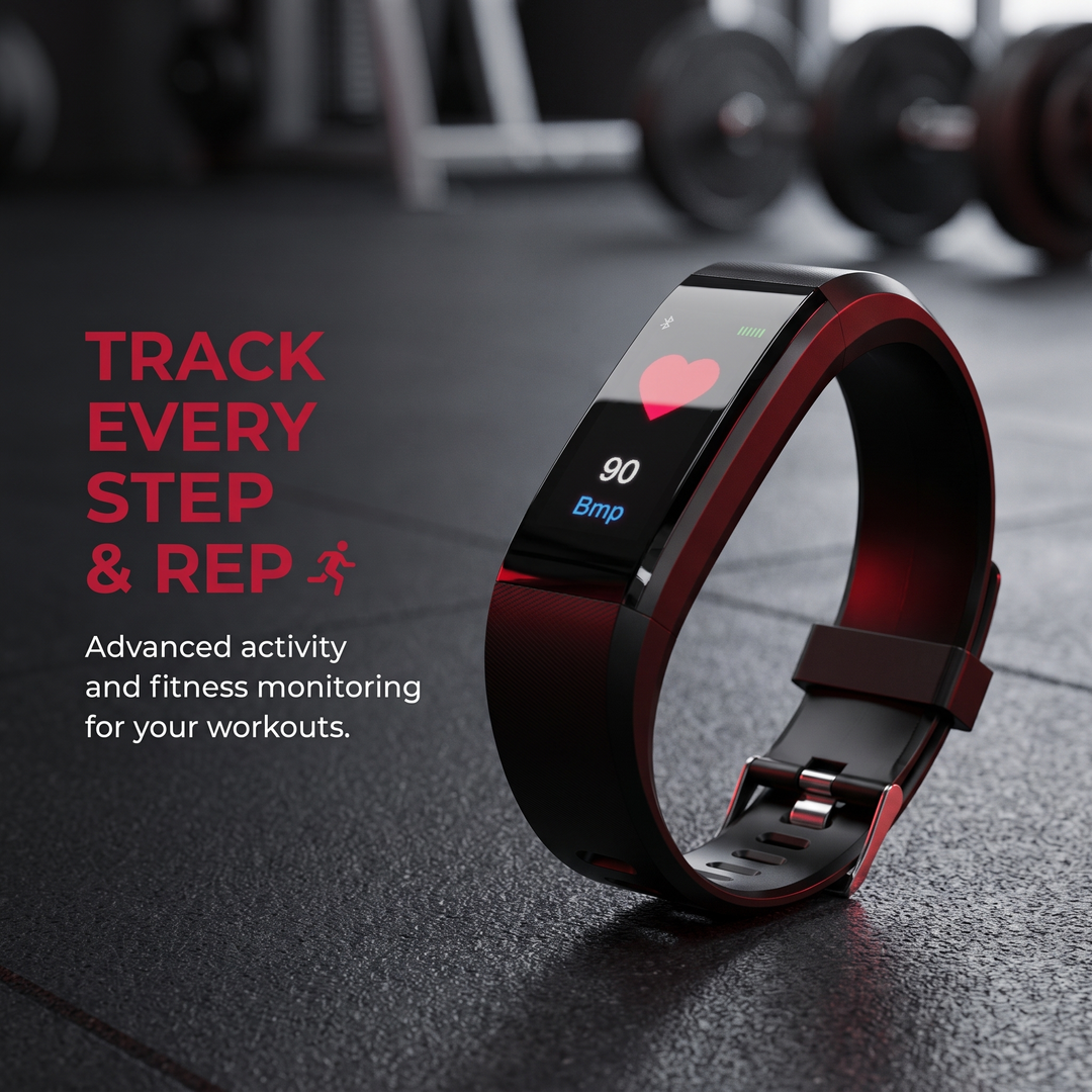 PHYSIOATHLETX black fitness band feature callout: track every step and rep during workouts