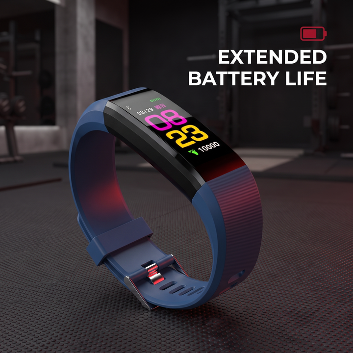 PHYSIOATHLETX blue fitness band feature callout: extended all-day battery life