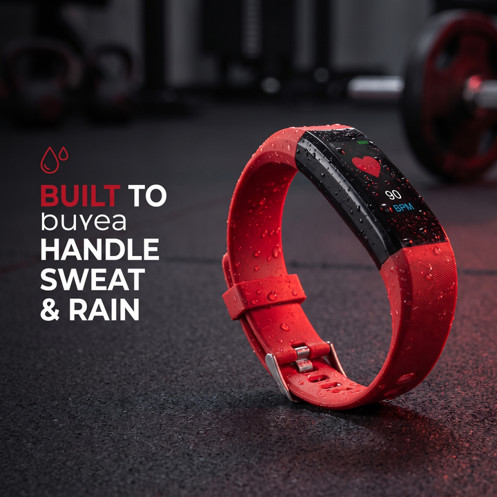 PHYSIOATHLETX red fitness band feature callout: built to handle sweat and rain