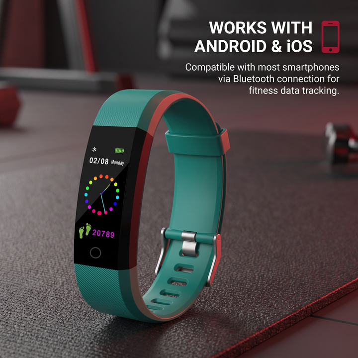 PHYSIOATHLETX green fitness band feature callout: works with Android and iOS devices