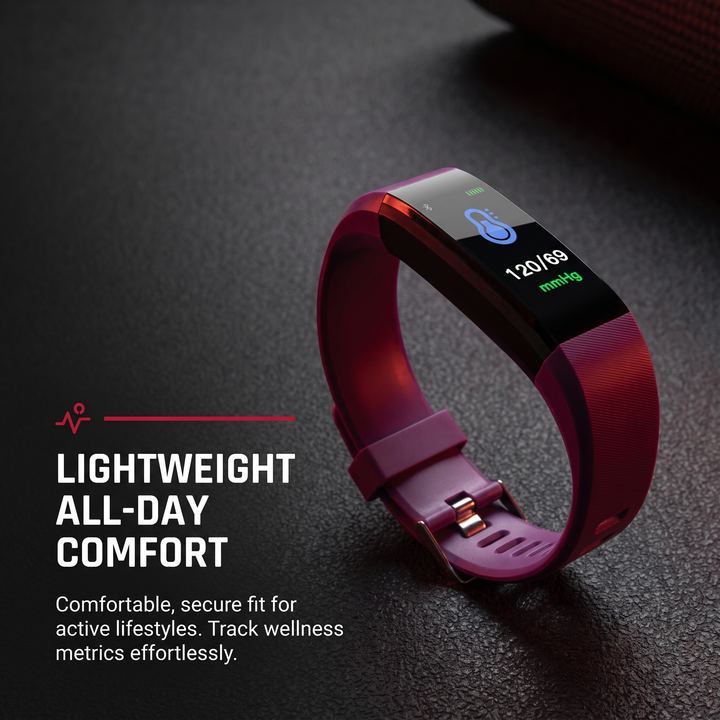 PHYSIOATHLETX purple fitness band feature callout: lightweight all-day wearing comfort