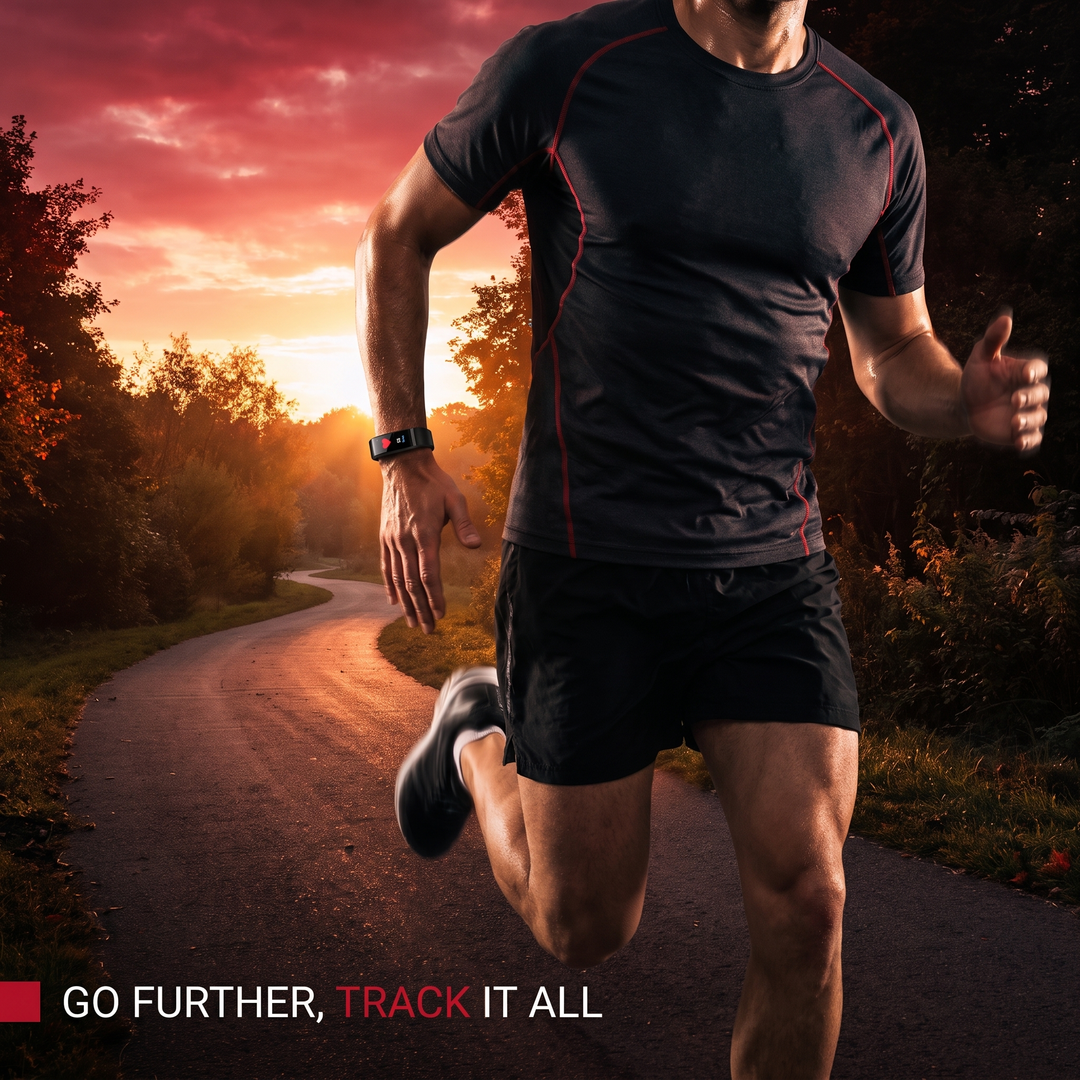 PHYSIOATHLETX fitness band lifestyle photo: runner wearing the tracker outdoors at sunrise