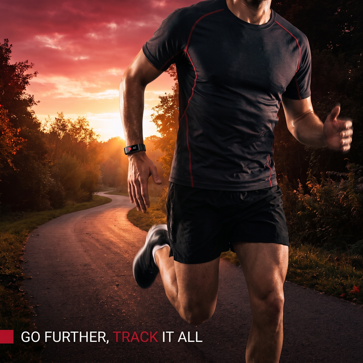 PHYSIOATHLETX fitness band lifestyle photo: runner wearing the tracker outdoors at sunrise