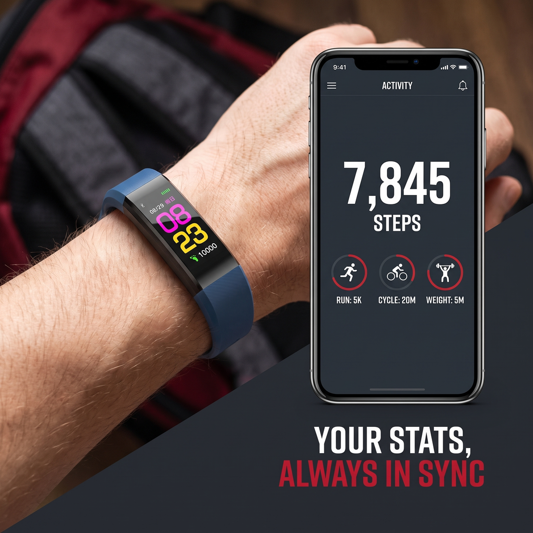 PHYSIOATHLETX fitness band lifestyle photo: checking synced stats on a smartphone app