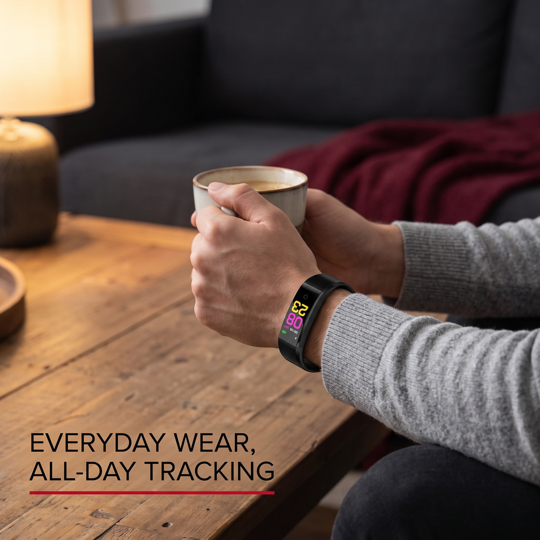 PHYSIOATHLETX fitness band lifestyle photo: everyday wear with coffee, all-day tracking
