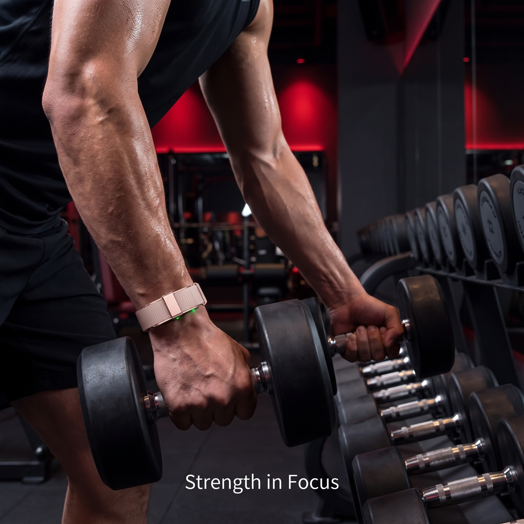 Smart Fitness Tracker Wristband worn during gym workout, rose gold