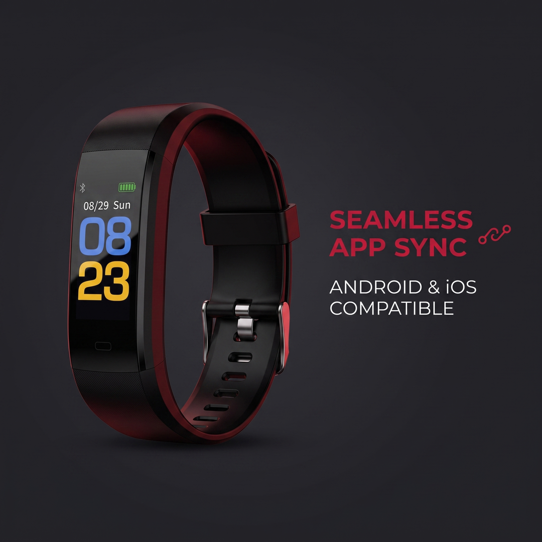 PHYSIOATHLETX fitness band feature callout: seamless app sync with Android and iOS
