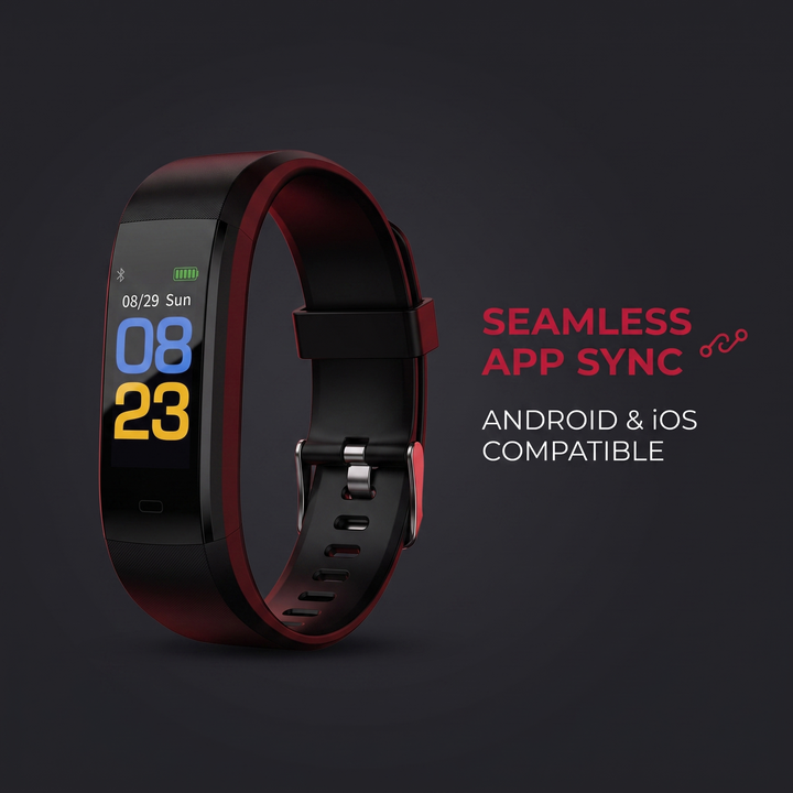 PHYSIOATHLETX fitness band feature callout: seamless app sync with Android and iOS