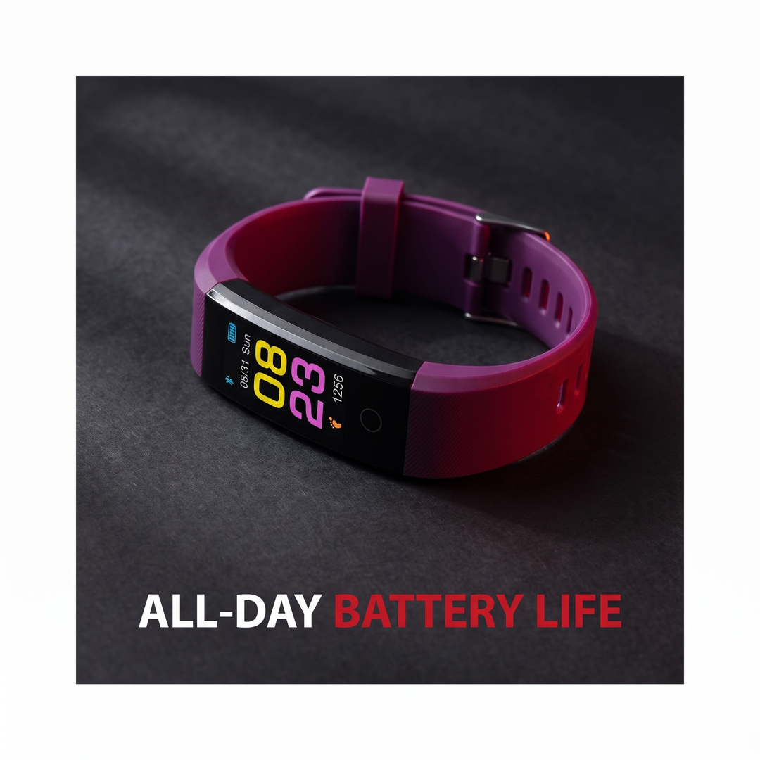 PHYSIOATHLETX fitness band feature callout: all-day battery life for continuous activity tracking