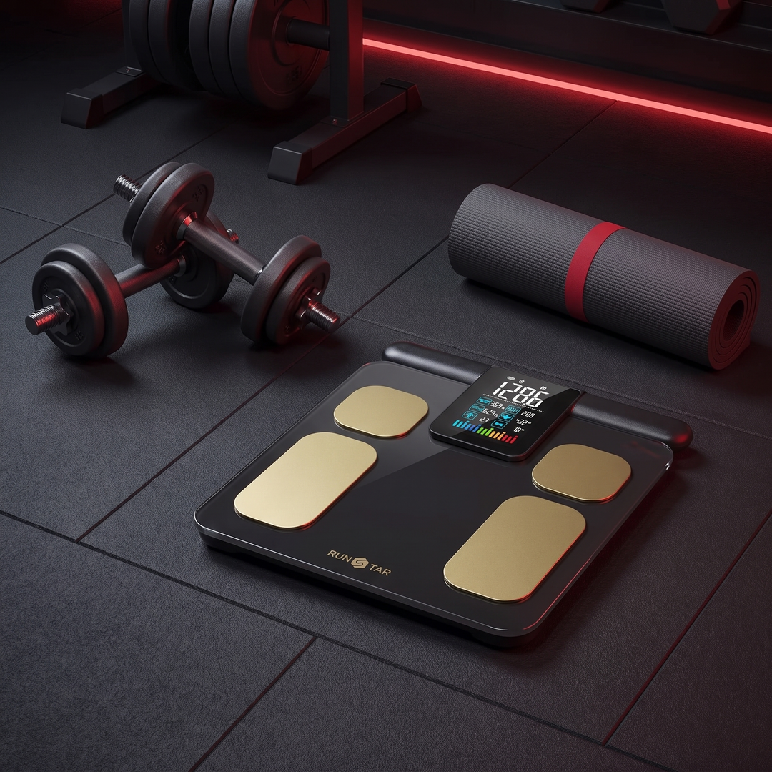 Body composition scale set up in a home gym