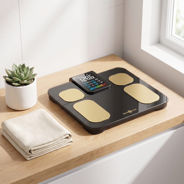 Smart scale styled on a modern bathroom counter