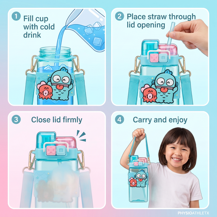 Kawaii Cartoon Straw Tumbler Cup - How It Works Fill Insert Seal Carry