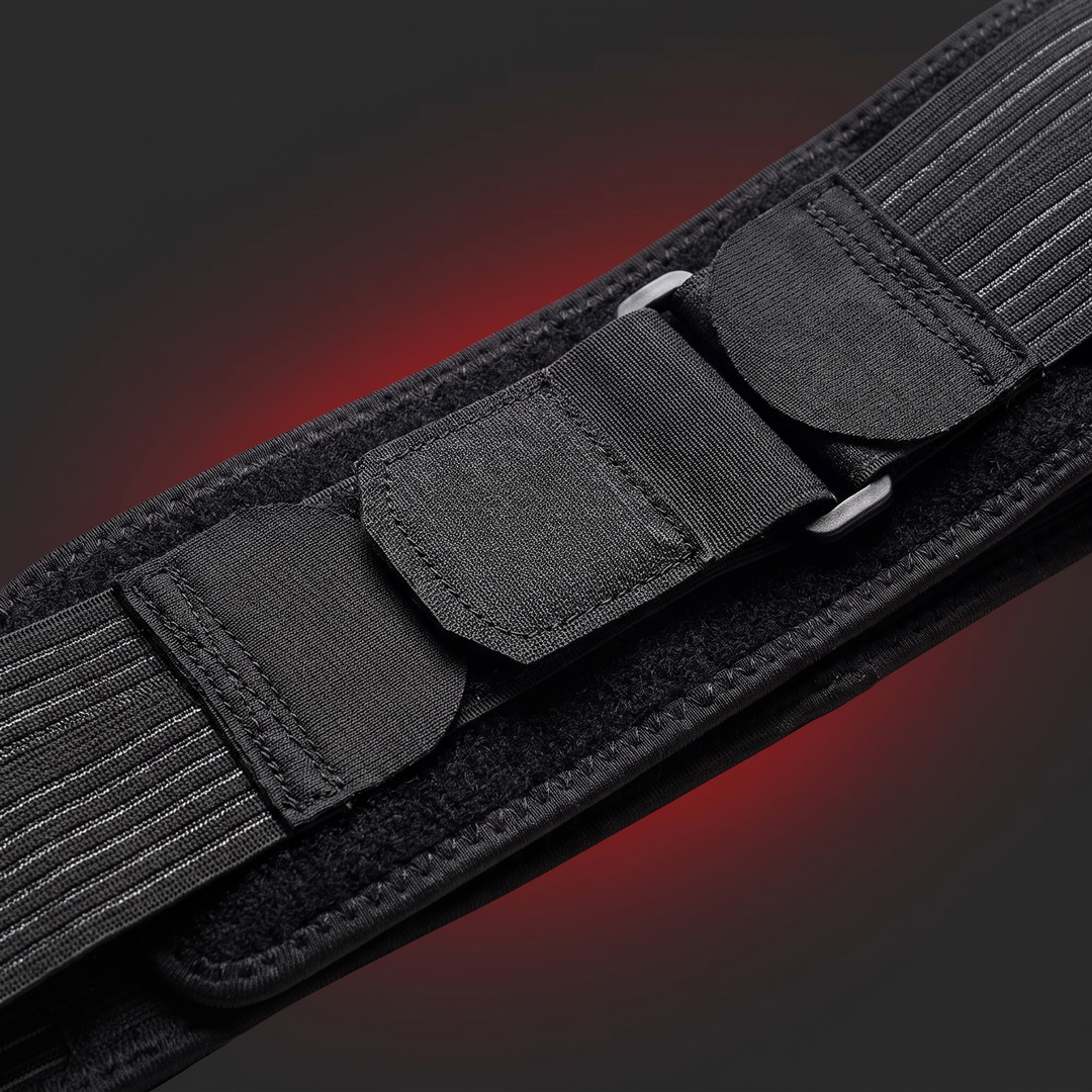 Secure buckle and pull-strap closure detail on the SI joint support belt