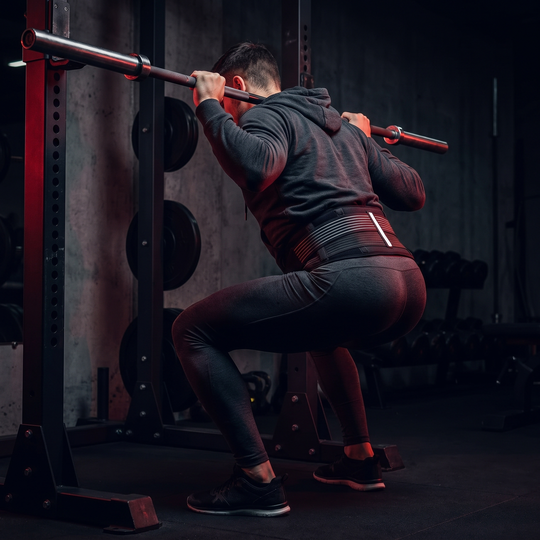 SI joint support belt worn during athletic gym training