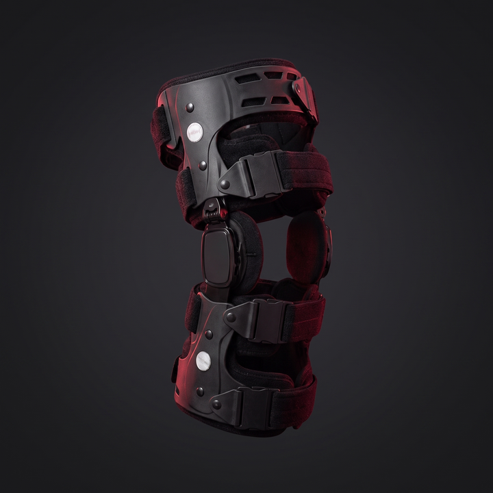 PHYSIOATHLETX adjustable knee brace, three-quarter angle showing structural hinge design