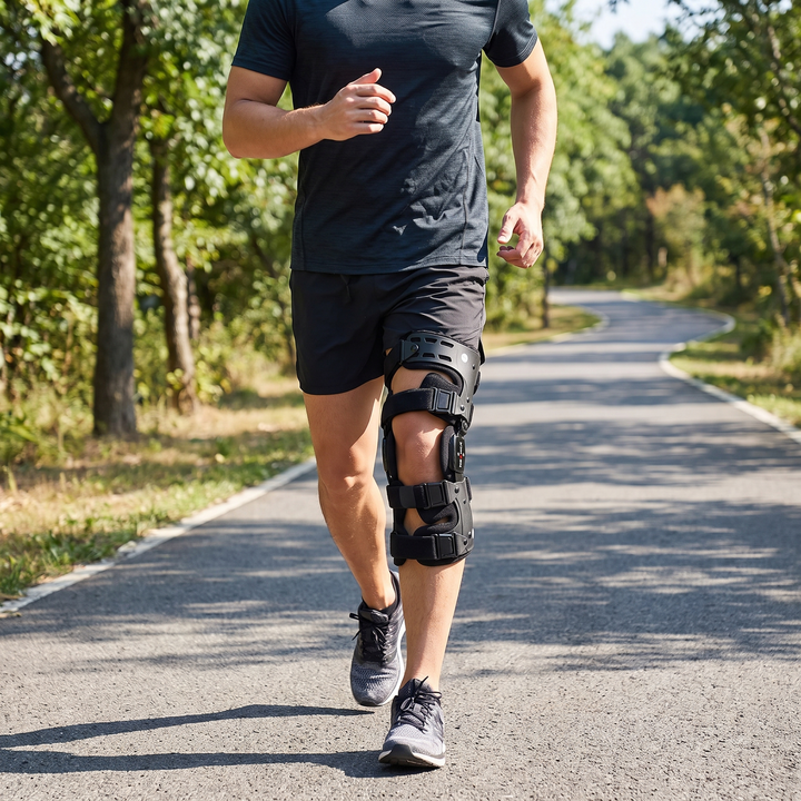 Athlete wearing knee brace while walking outdoors