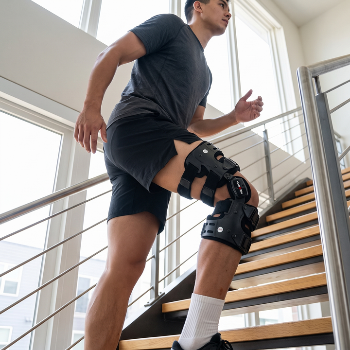 Athlete wearing knee brace while climbing stairs during everyday activity