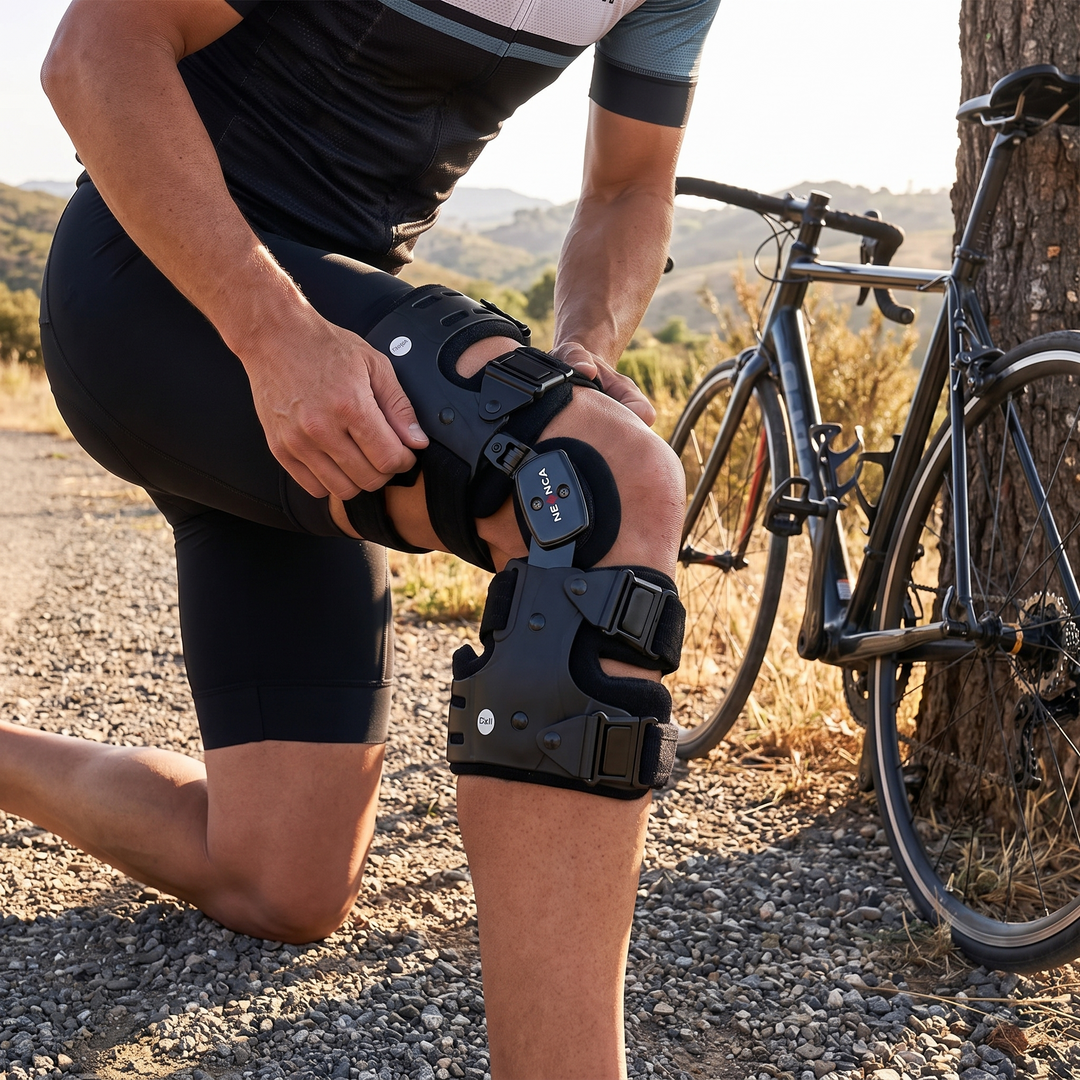 Athlete wearing knee brace before a cycling session