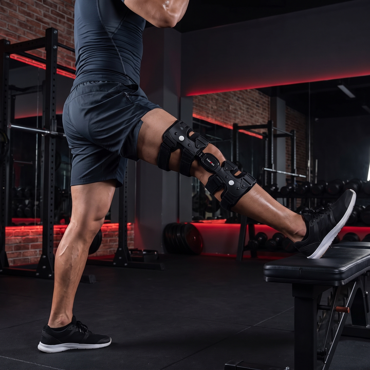 Athlete wearing knee brace during stretching warm-up