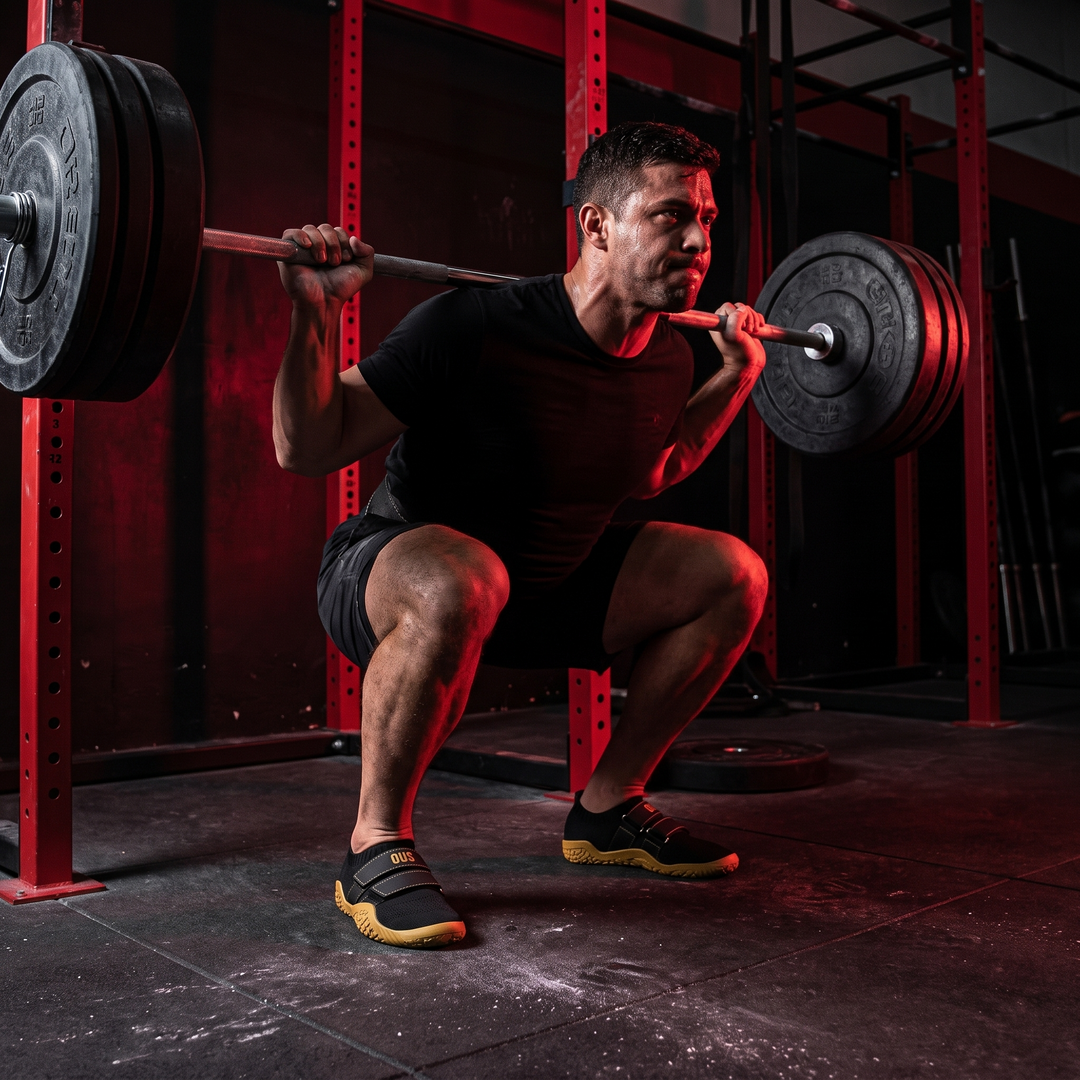 Athlete squatting at rack wearing PHYSIOATHLETX weightlifting shoes