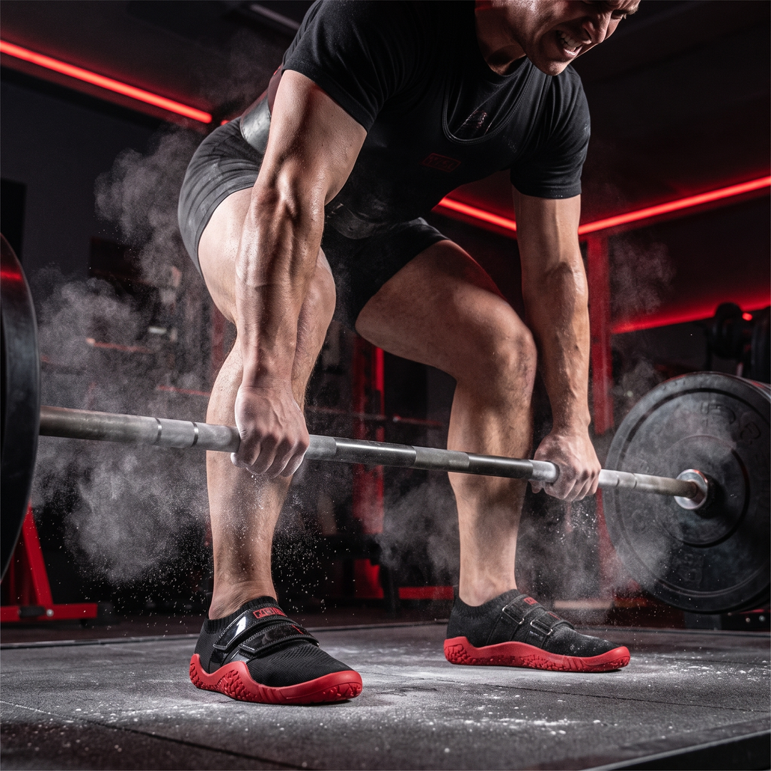 Powerlifter deadlifting on platform wearing hard sole shoes