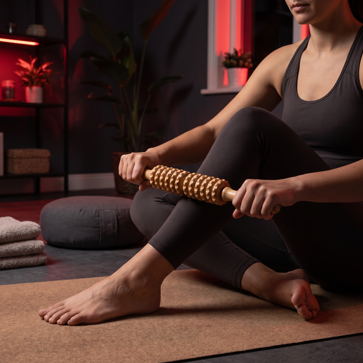 Evening Home Recovery Routine with Wooden Massage Roller