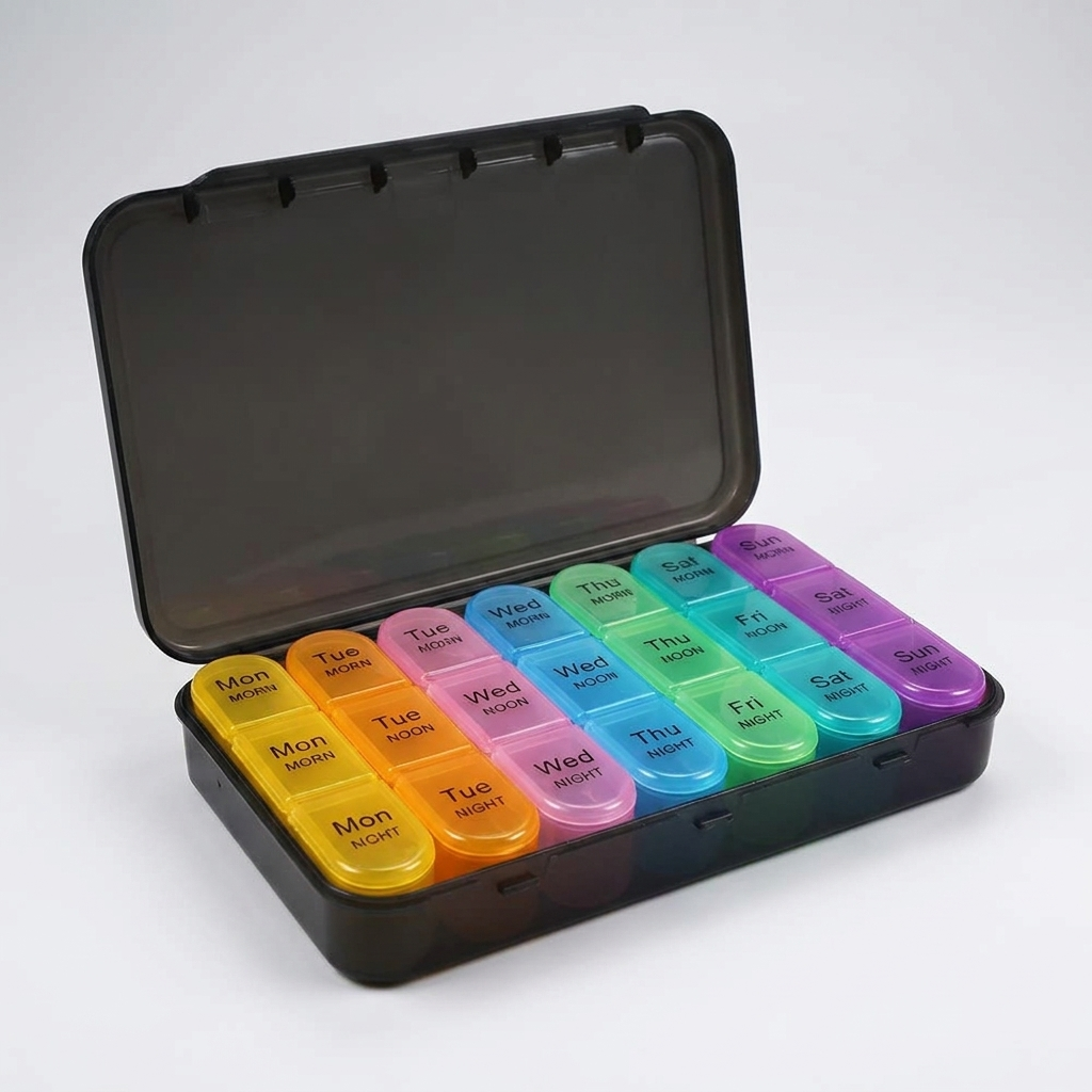 Weekly pill organizer, 21-compartment 7-day 4-times-daily design, clean hero product photo