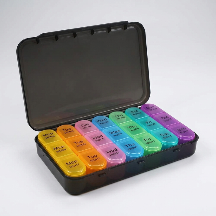 Weekly pill organizer, 21-compartment 7-day 4-times-daily design, clean hero product photo