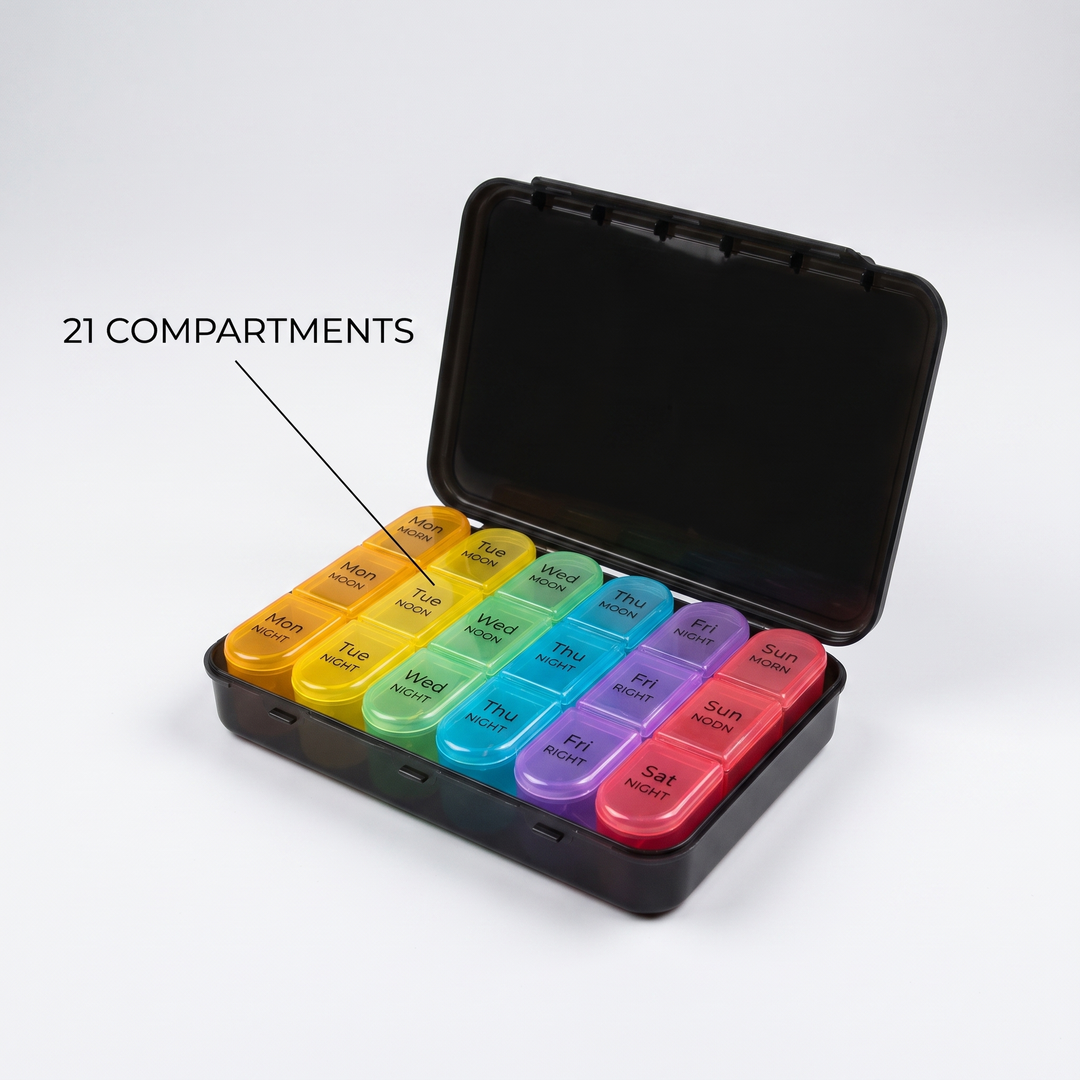 Weekly pill organizer featuring 21 individual compartments