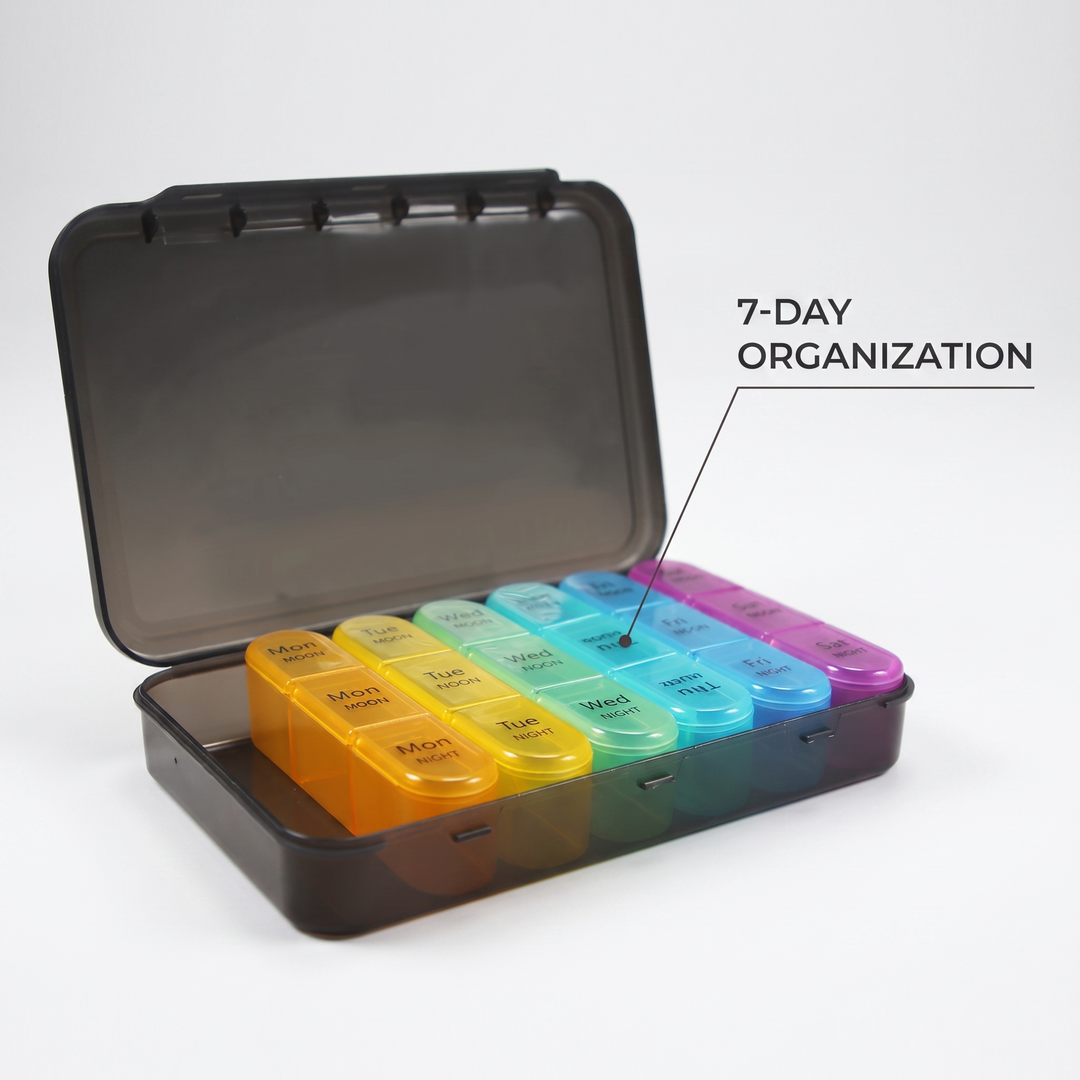 Weekly pill organizer with 7-day compartment rows for full week organization