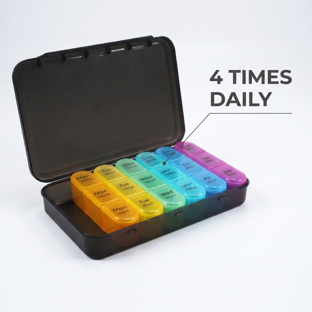 Weekly pill organizer with 4 daily time-slot columns per day