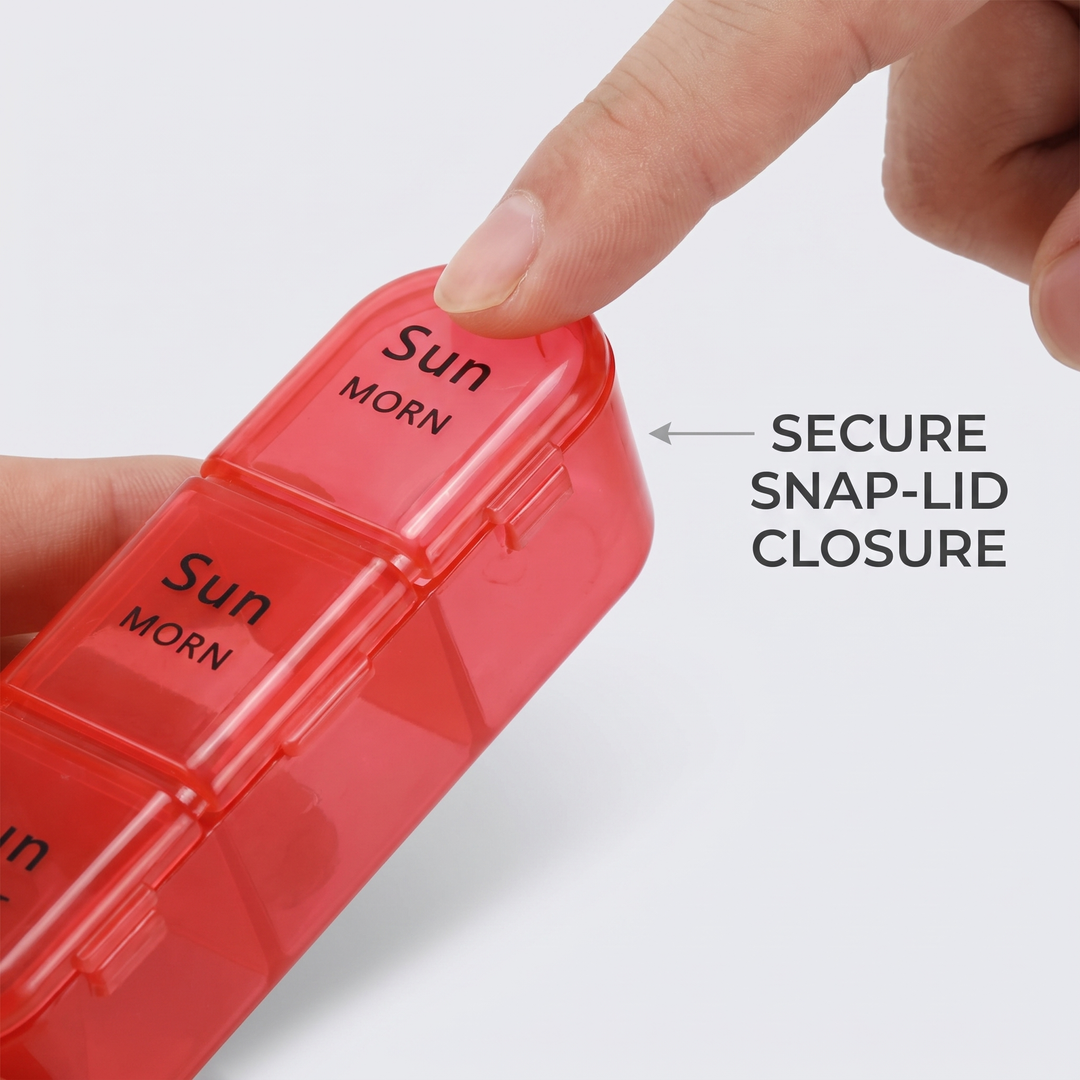 Weekly pill organizer secure snap-lid compartment closure