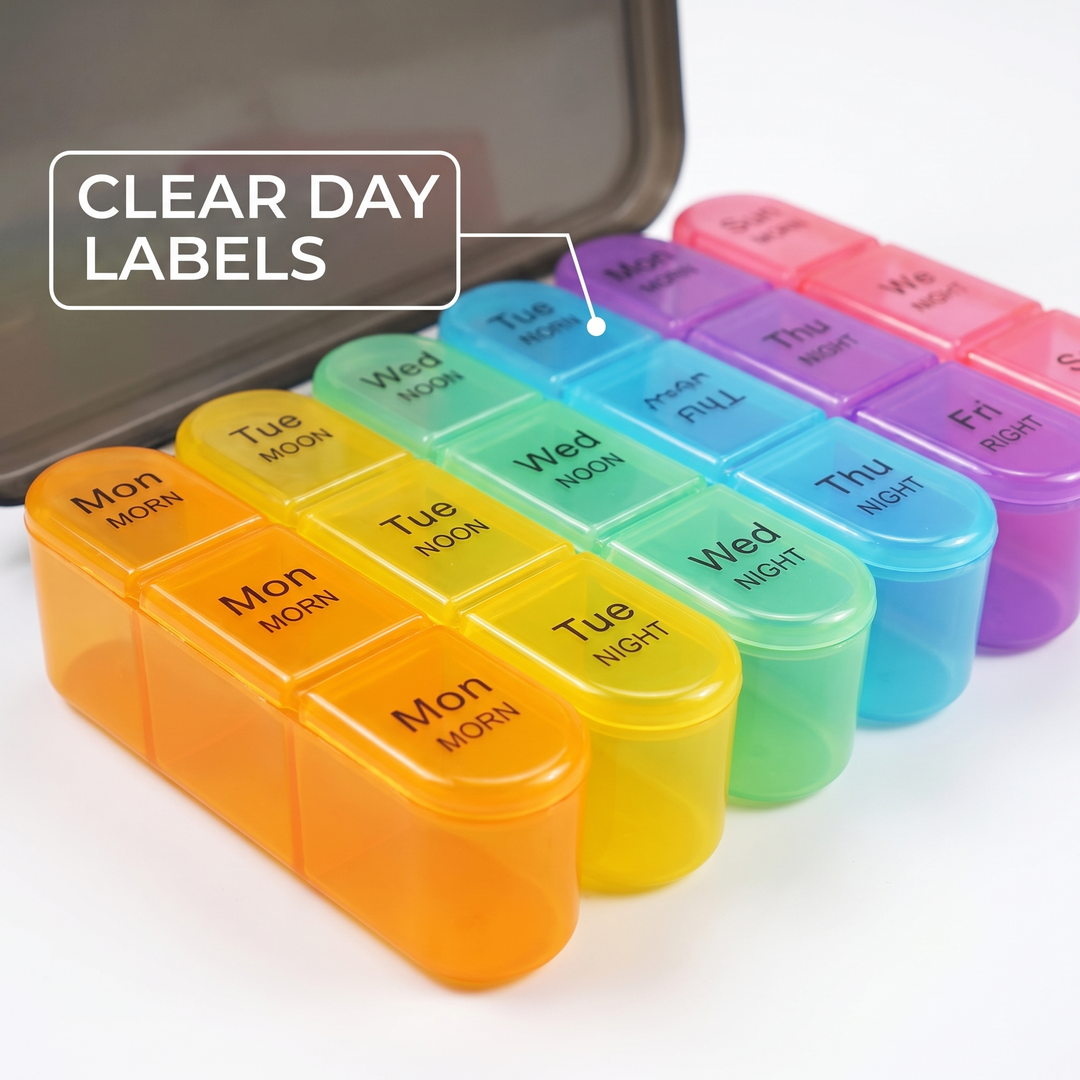 Weekly pill organizer with clear day-of-week compartment labels