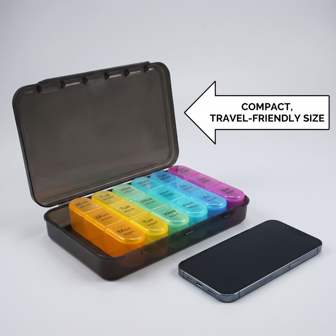 Compact travel-friendly weekly pill organizer shown next to smartphone for scale