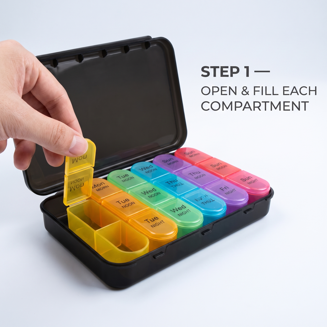 How to use: open and fill each compartment of the weekly pill organizer