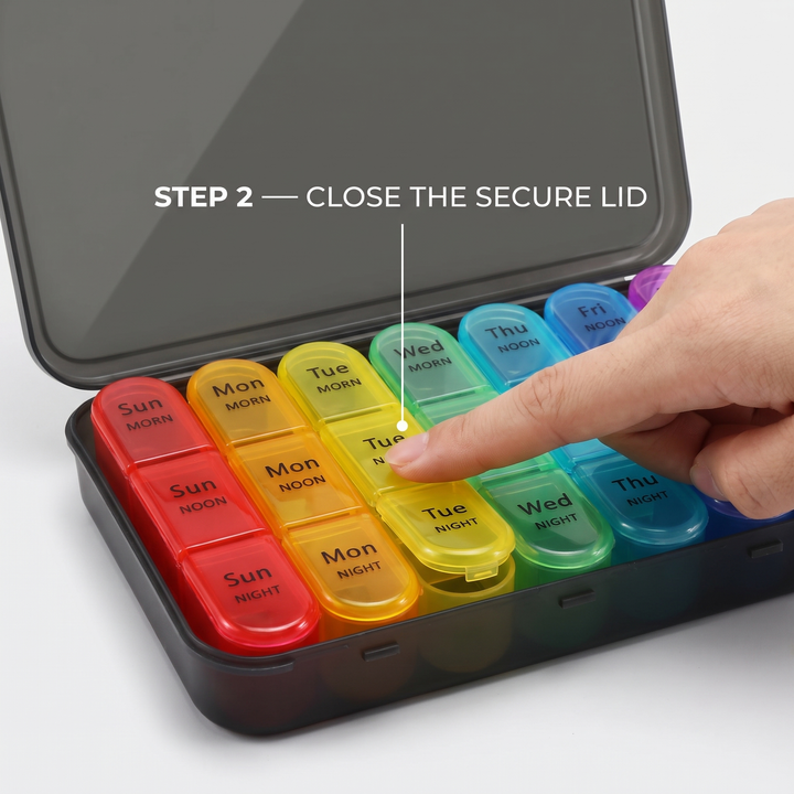 How to use: close the secure snap-lid on the weekly pill organizer