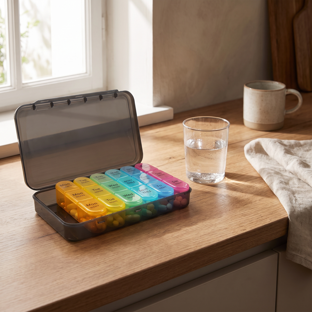 Weekly pill organizer on a home kitchen countertop