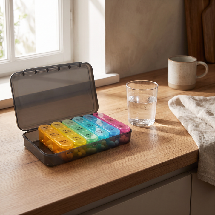Weekly pill organizer on a home kitchen countertop