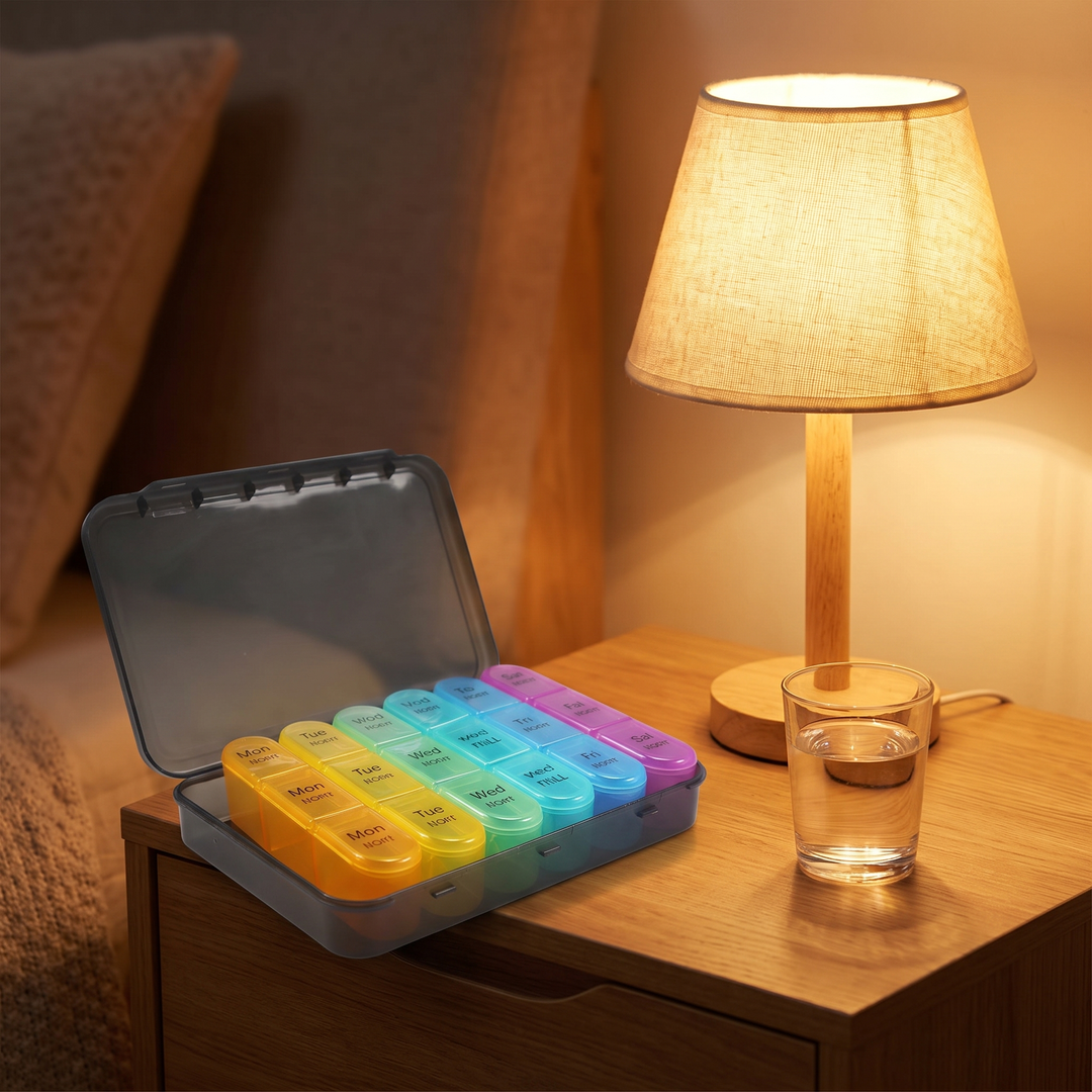 Weekly pill organizer on a bedside nightstand