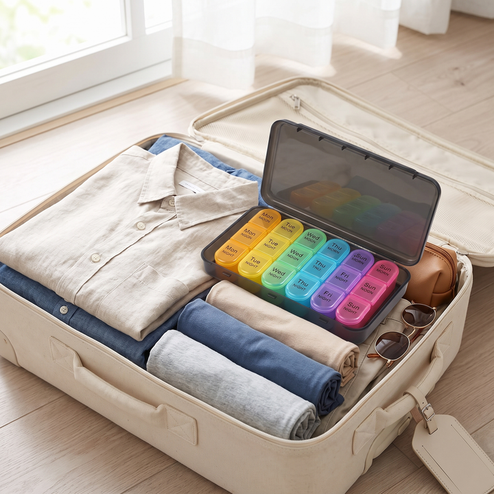 Weekly pill organizer packed in a travel suitcase