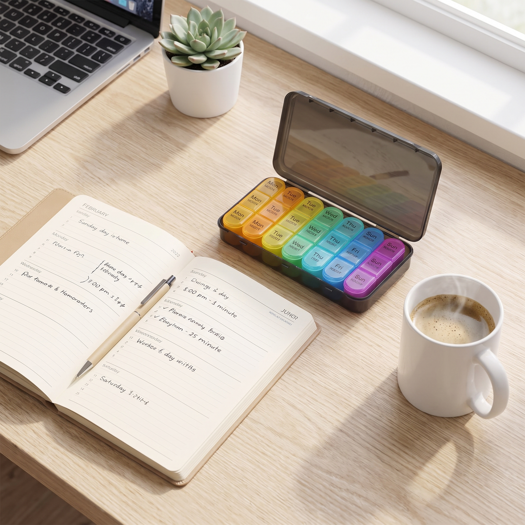 Weekly pill organizer on a home office desk