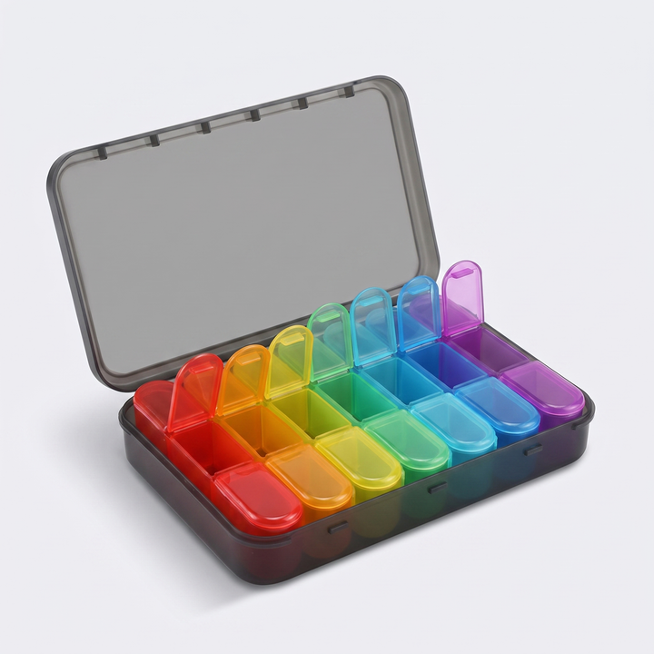 Weekly pill organizer angled product view showing compartment depth