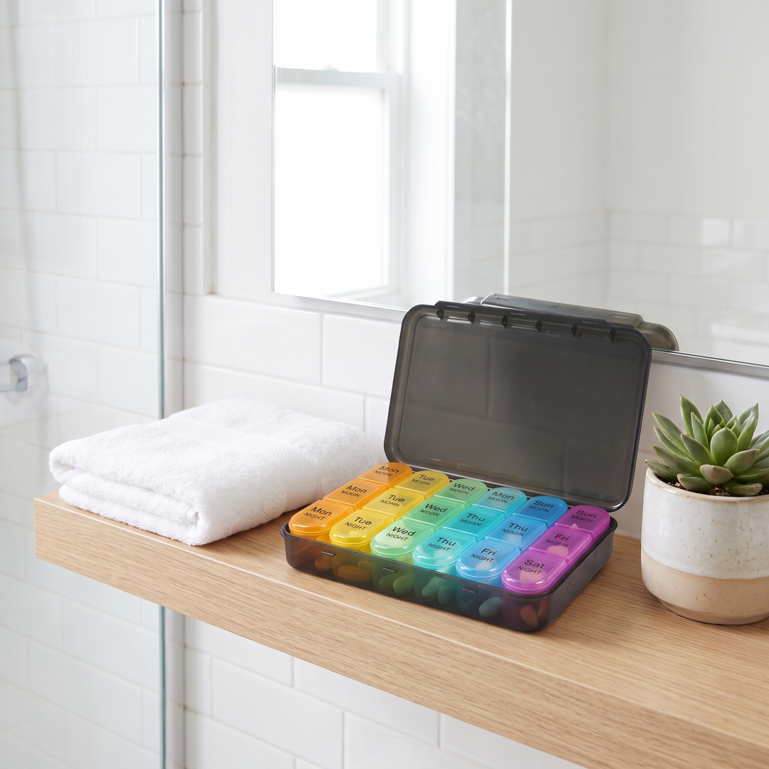 Weekly pill organizer on a bathroom shelf