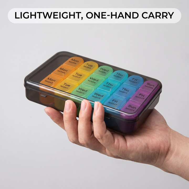 Lightweight weekly pill organizer held in one hand