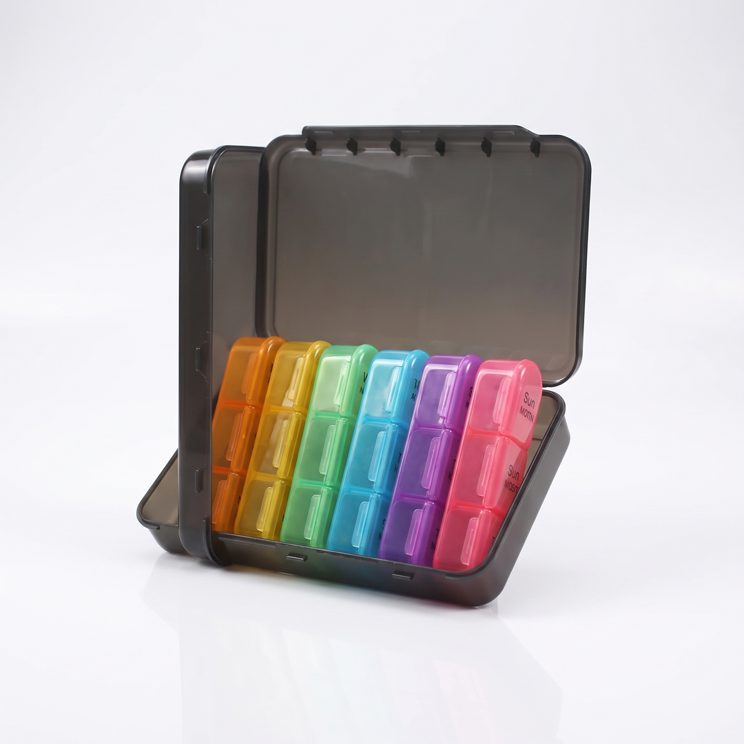 Weekly pill organizer studio product photo on white background