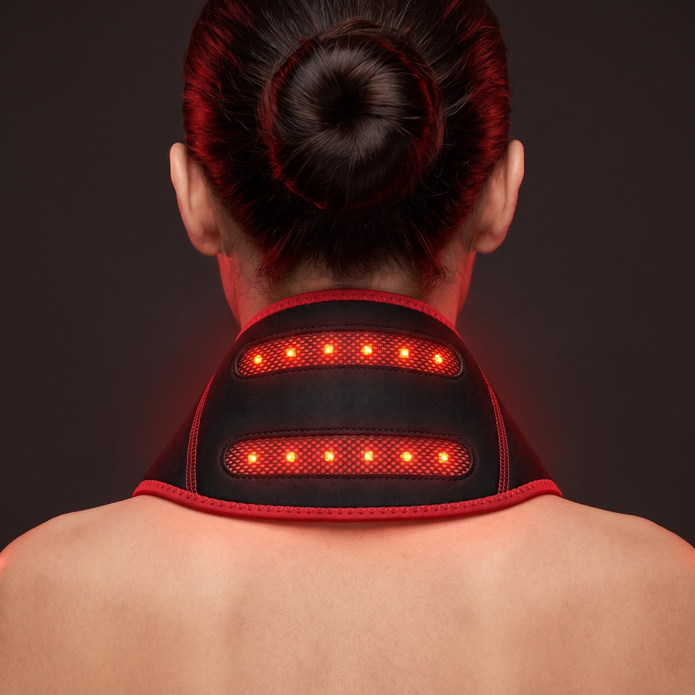 Red light neck wrap worn for soothing neck and shoulder relaxation