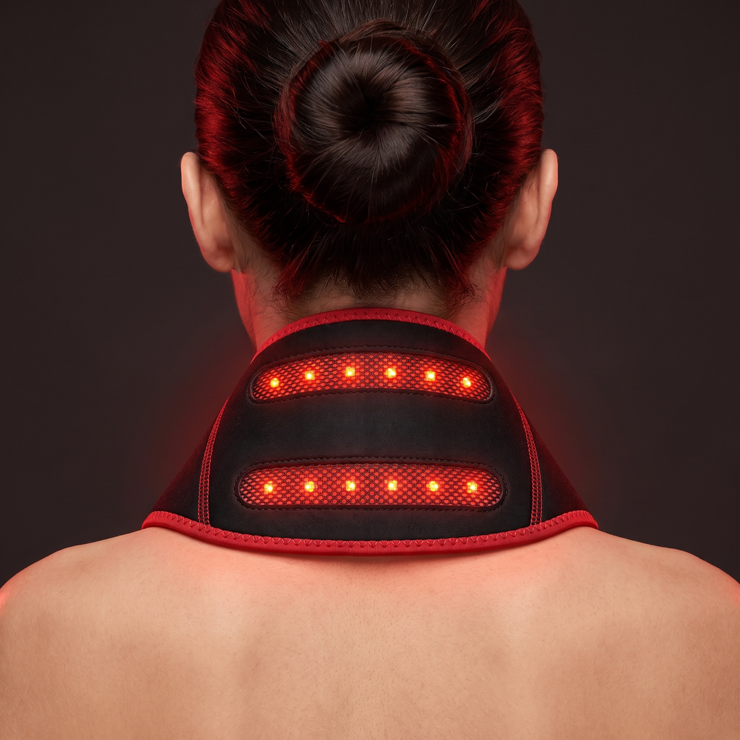 Red light neck wrap worn for soothing neck and shoulder relaxation